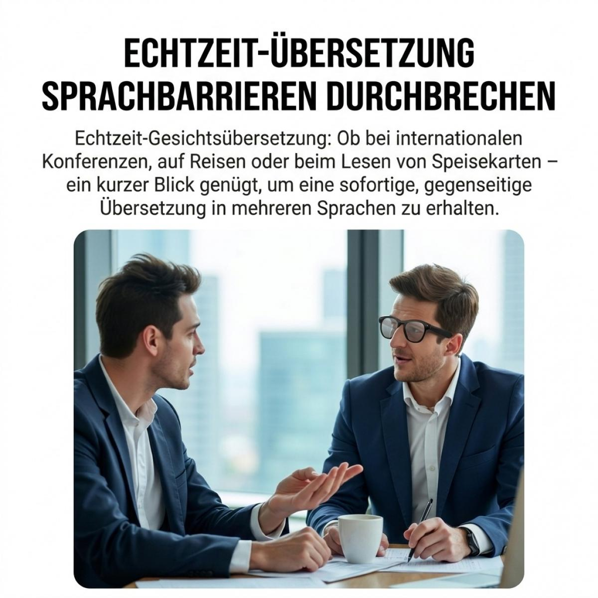 Zwei Geschäftsleute in Anzügen sprechen in einem Büro mit Stadtblick, einer trägt Brillen.