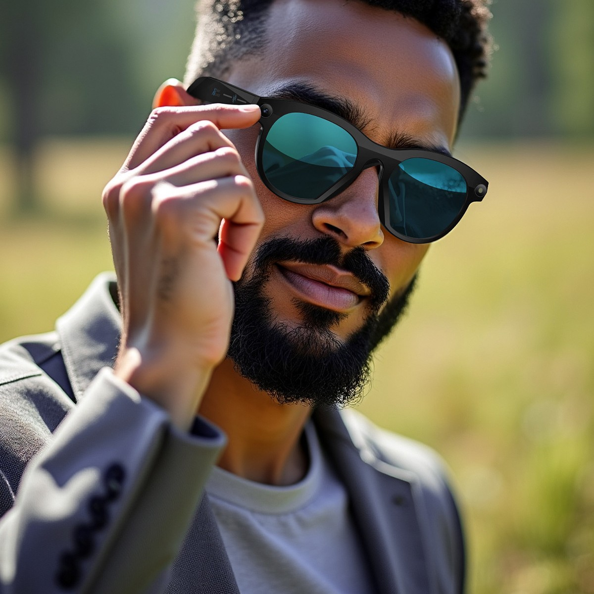 Ein Bartiger Mann mit schwarzer Sonnenbrille und grauem Anzug im Freien.