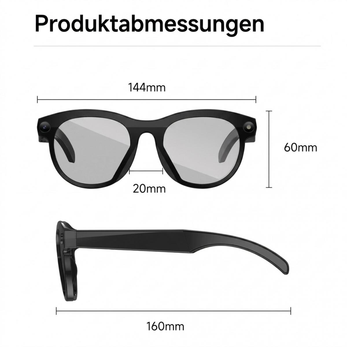 Technische Zeichnung von Smart Glasses mit Maßangaben für Breite, Höhe und Bügellänge auf weißem Hintergrund.