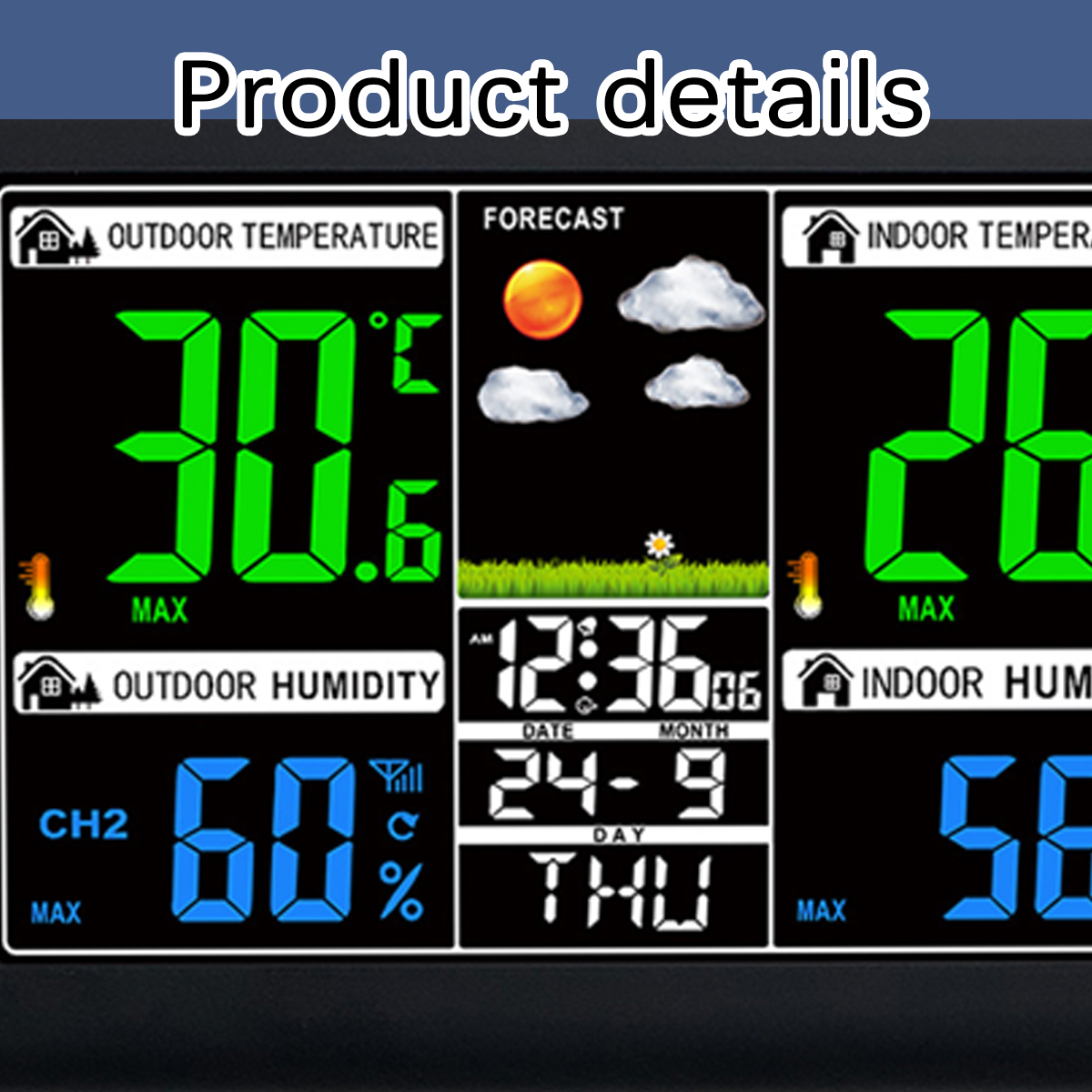 Digitale Wetterstation mit Innen- und Außentemperatur, Luftfeuchtigkeit, Uhrzeit, Datum und Vorhersage.