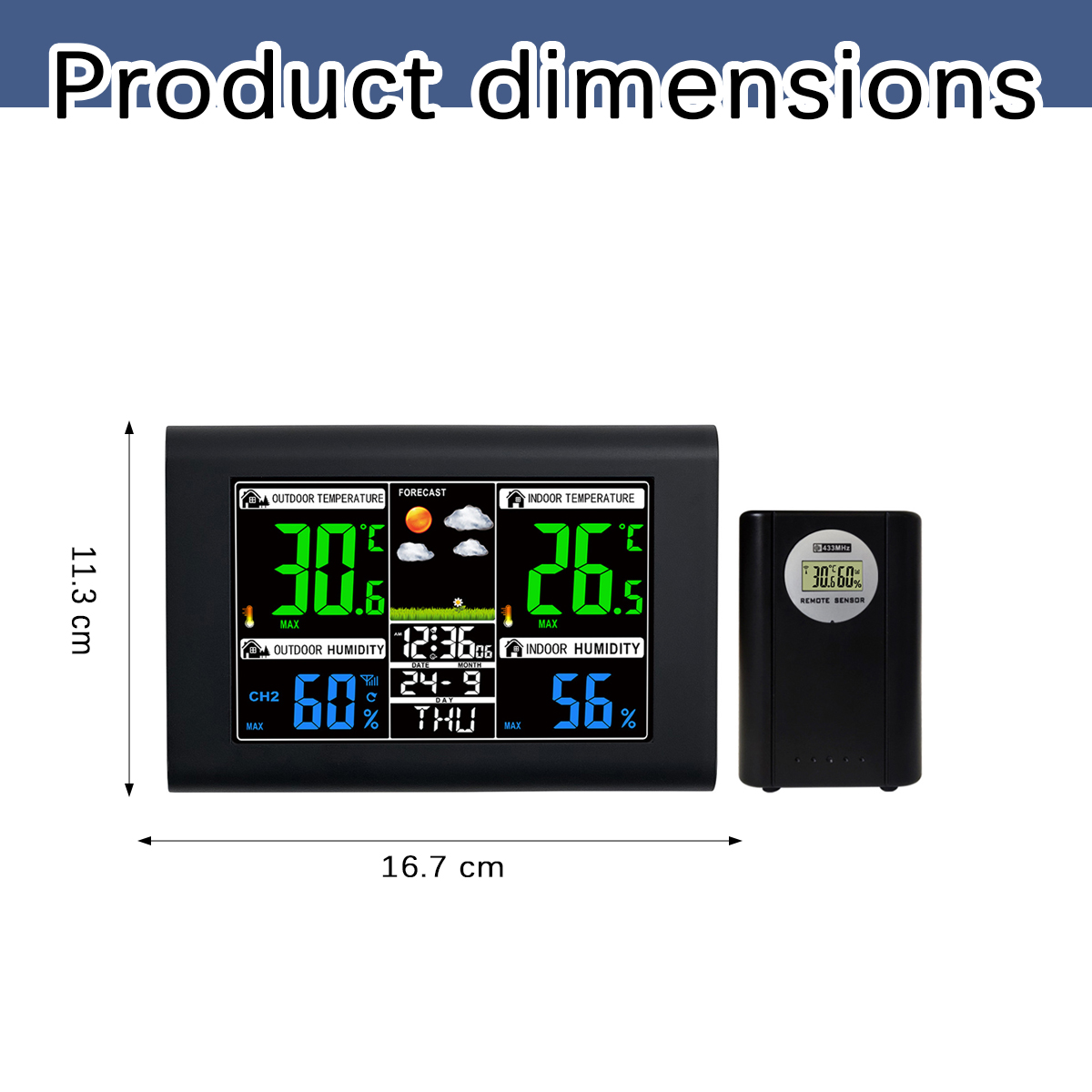 Wetterstation mit Farbdisplay und Abmessungen von 16,7 cm Breite und 11,3 cm Höhe sowie einem Außensensor.