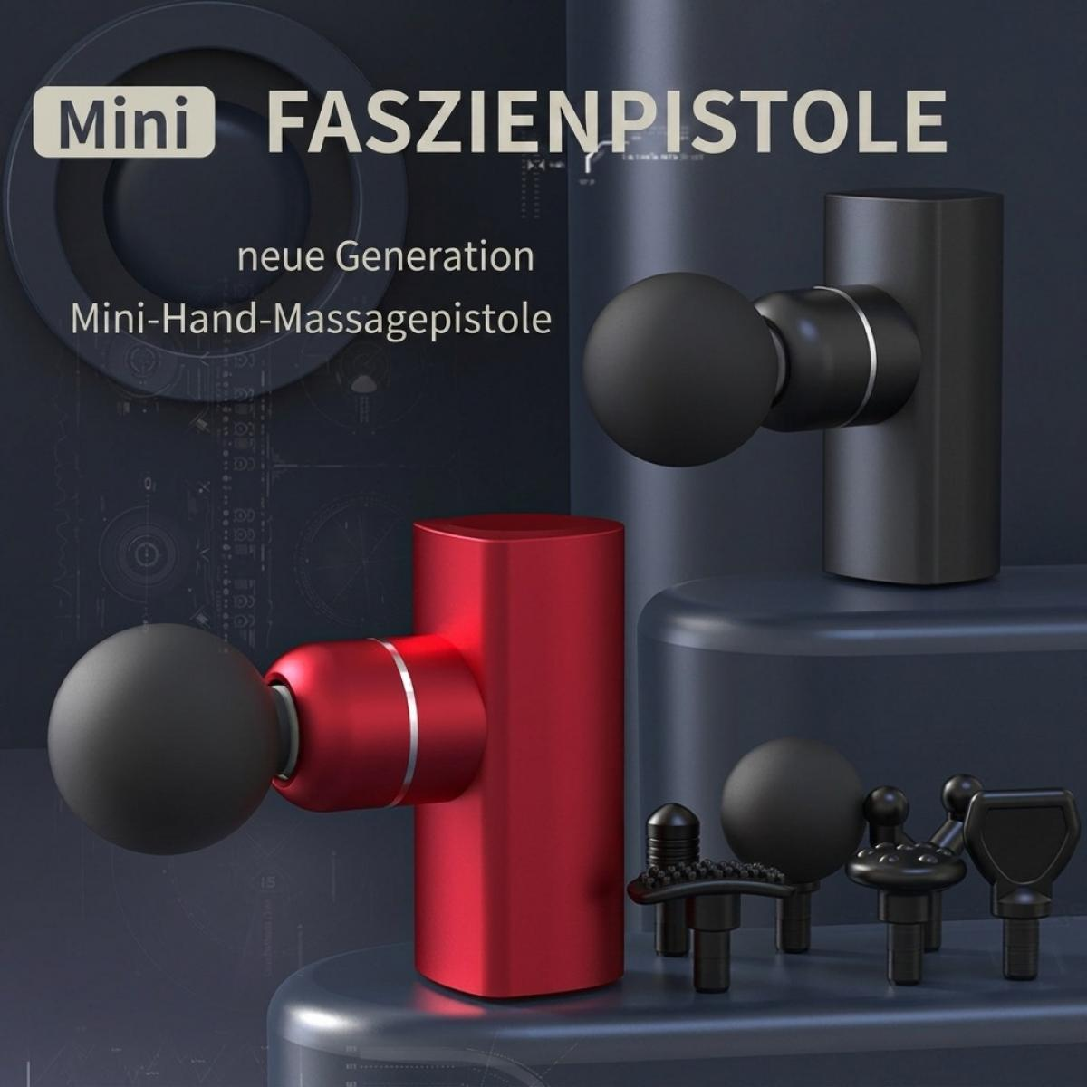 Rote und schwarze Mini-Faszienpistolen mit verschiedenen Aufsätzen vor dunklem Hintergrund.