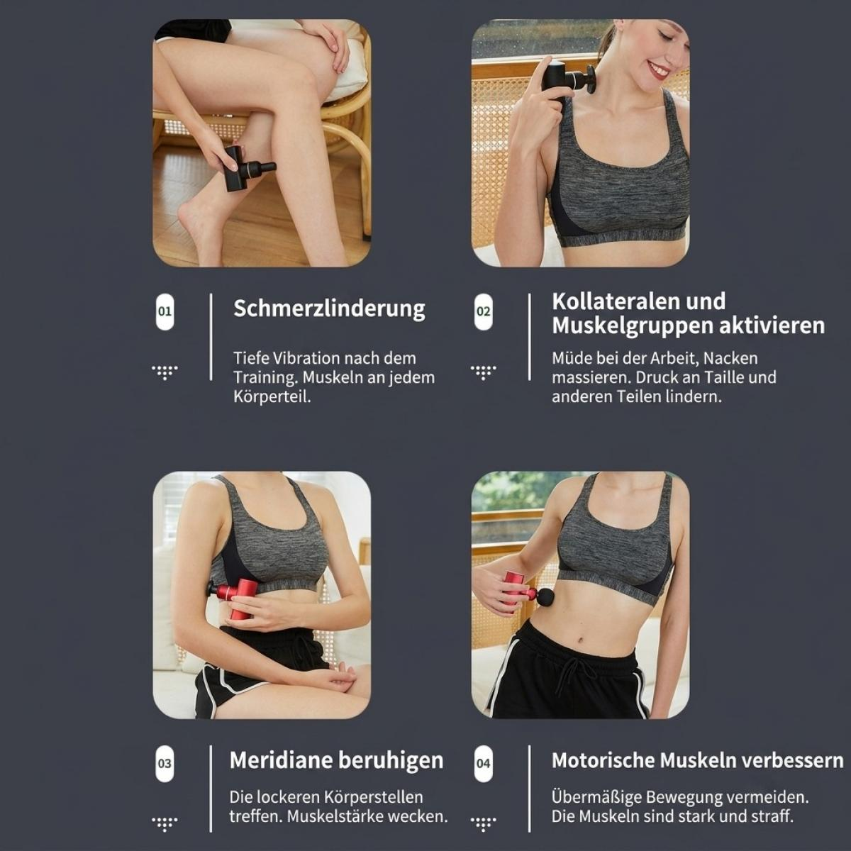 Vier Bilder zeigen eine Frau, die eine Mini-Massagepistole an Bein, Nacken, Seite und Bauch nutzt, mit deutschem Text.