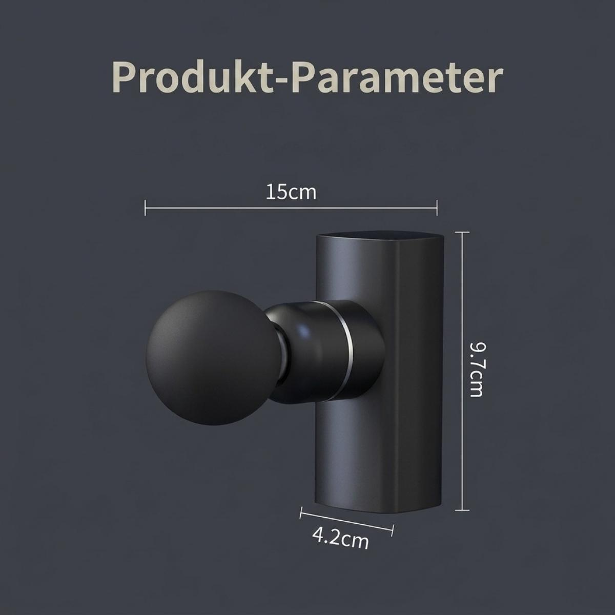 Technische Zeichnung einer schwarzen Massagepistole mit Maßangaben von 15 cm Breite, 9,7 cm Höhe und 4,2 cm Tiefe.