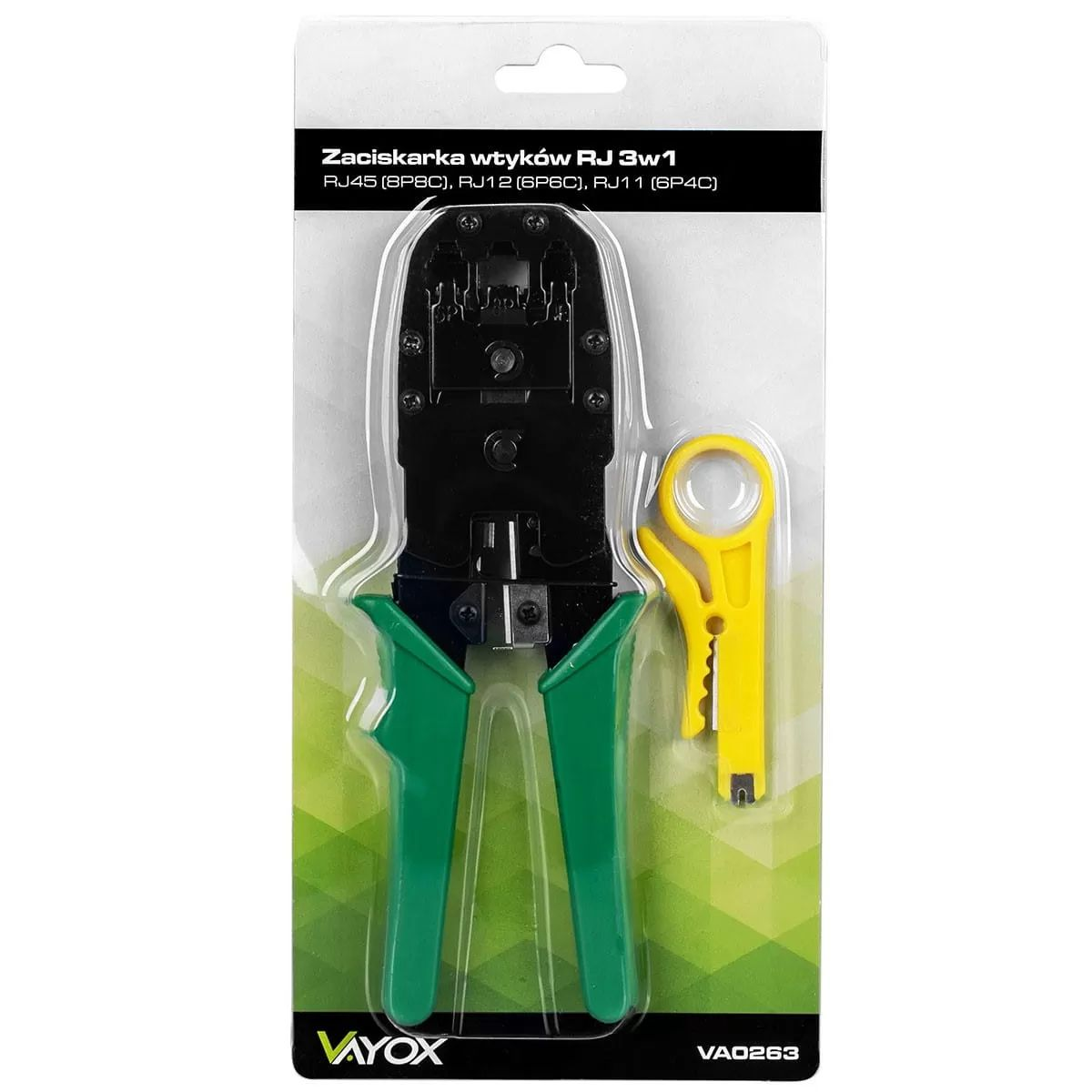Verpackte 3-in-1-Crimpzange mit grünen Griffen und einem gelben Abisolierer auf weißem Hintergrund.
