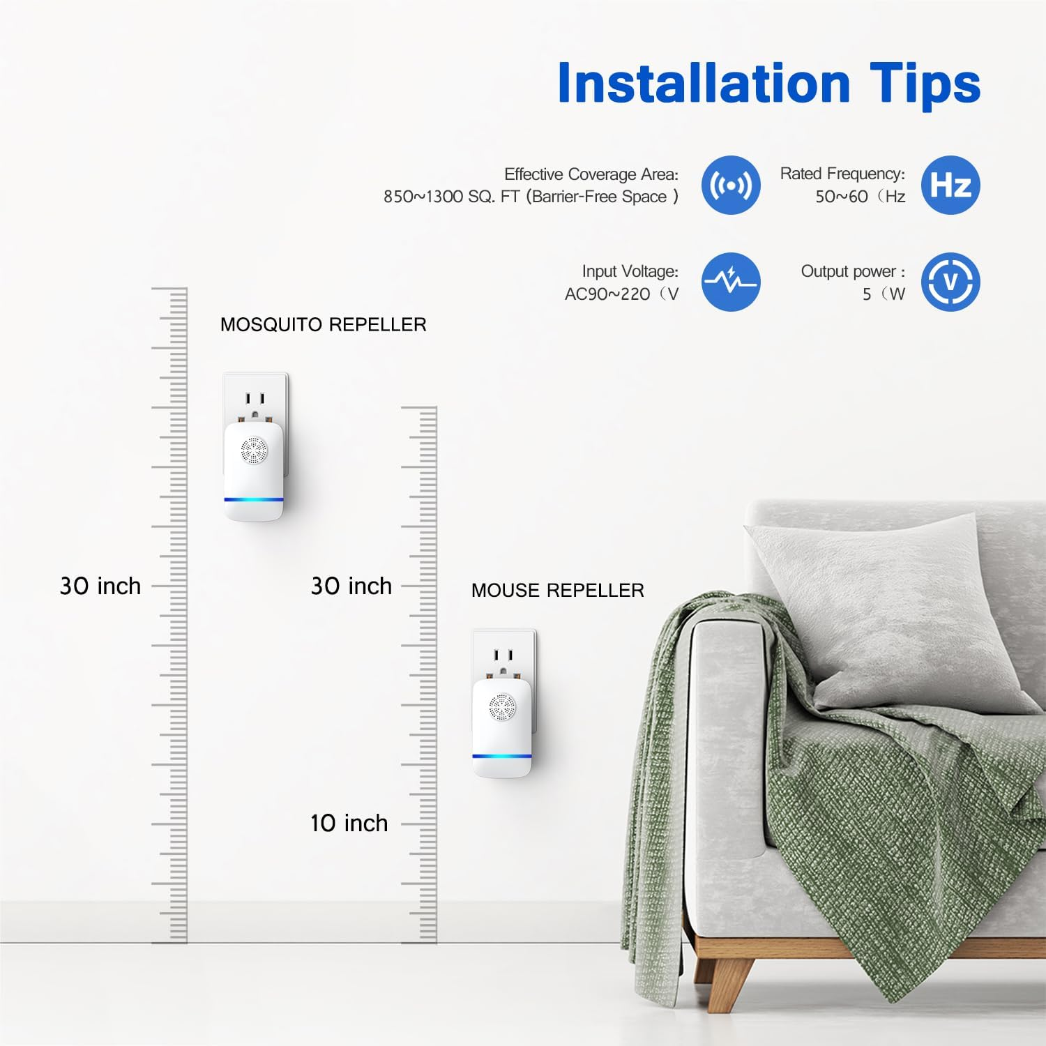 Installationsanleitung für Mücken- und Mäuseabwehrgeräte an Wandsteckdosen neben Sofa.
