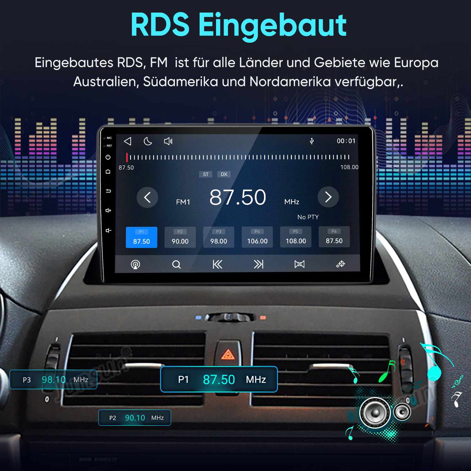 Ein Auto-Armaturenbrett mit einem Digitalradio, das die FM-Frequenz 87,50 MHz mit RDS anzeigt.