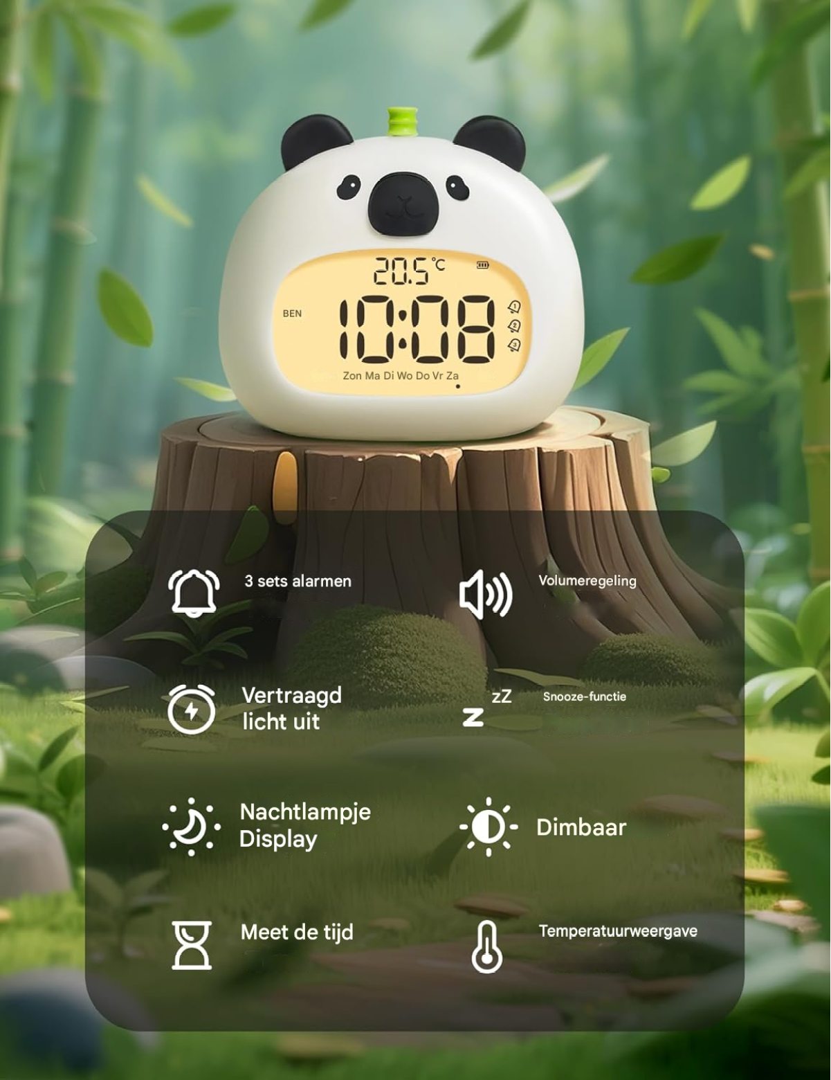 Panda-Wecker auf Holzstumpf im Bambuswald mit Funktionssymbolen.