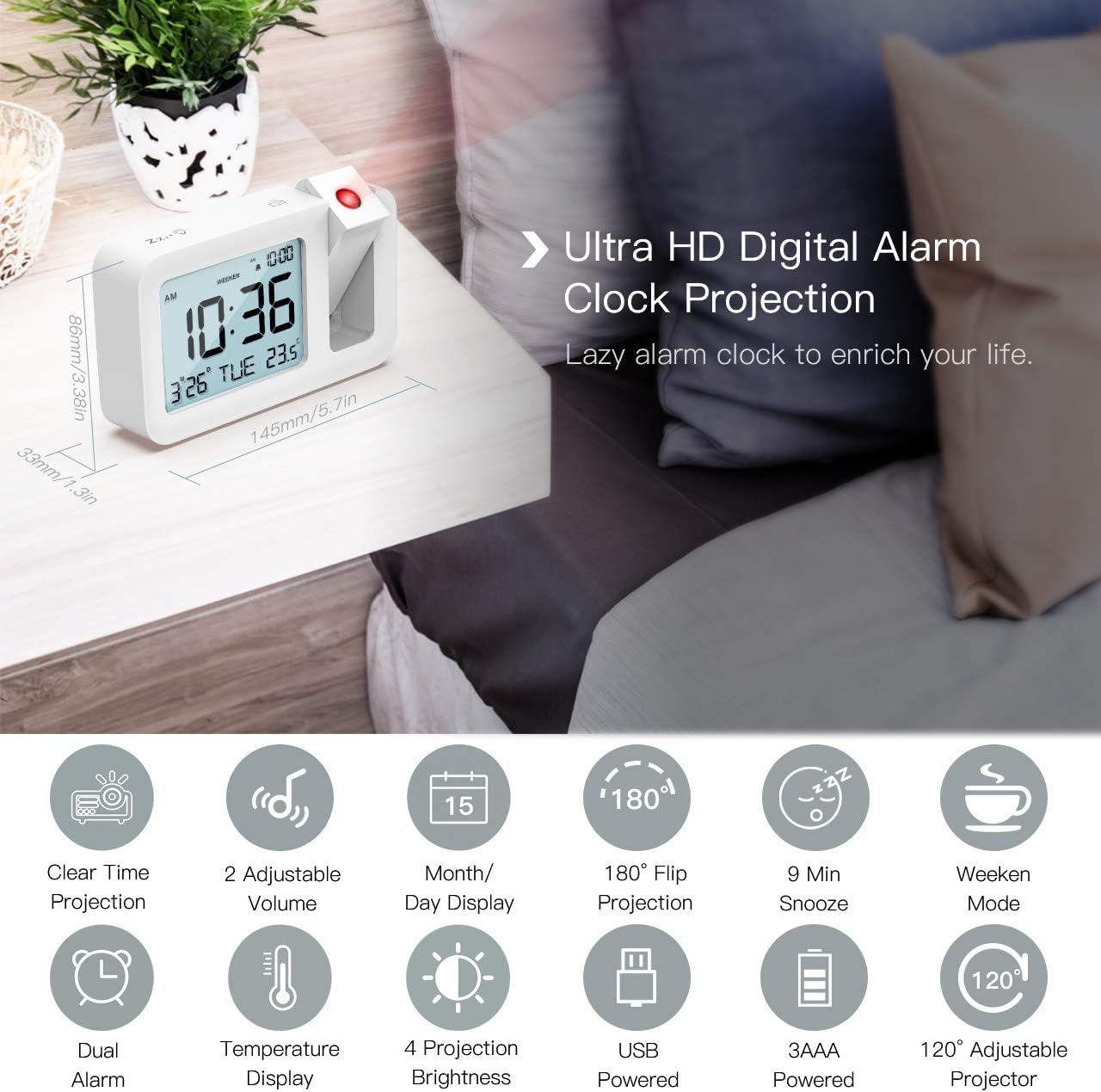 Ein weißer digitaler Projektionswecker auf einem Regal neben einem Bett mit Funktionssymbolen.