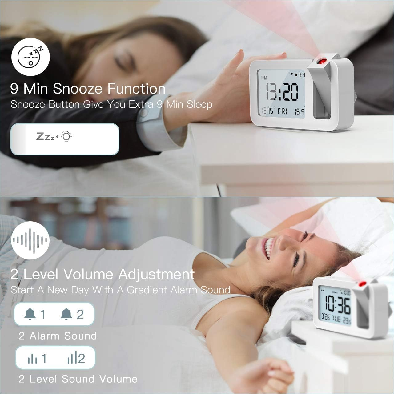 Eine Frau im Bett bedient einen weissen Digitalwecker mit Projektion und Snooze-Funktion.