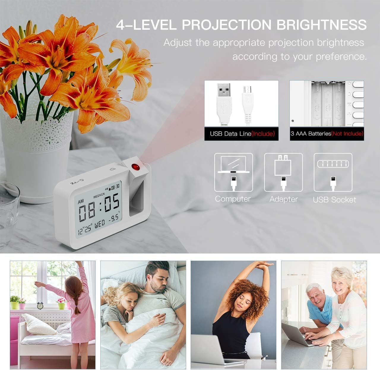 Wecker mit Projektion und Temperaturanzeige, daneben Orangenblüten, USB-Kabel und Anwendungsbeispiele.