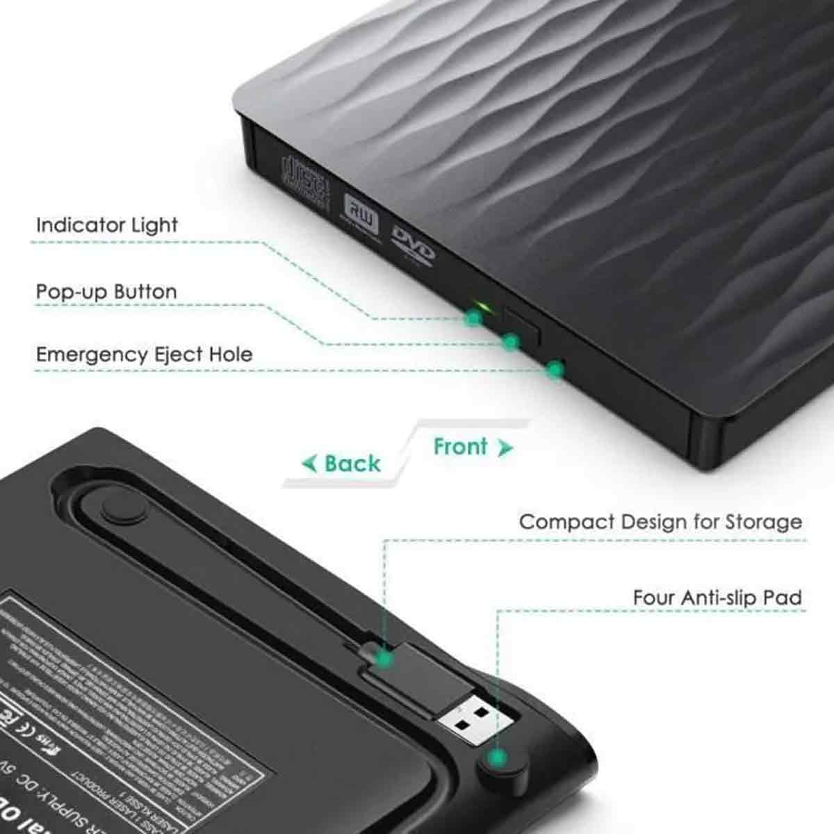 Diagramm eines externen DVD-Laufwerks mit Indikatorlicht, Auswurftaste, Notauswurf und Anti-Rutsch-Pads.