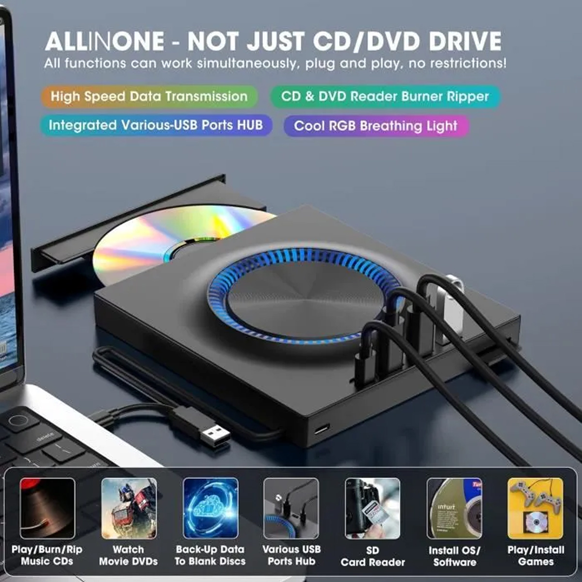 Externes CD/DVD-Laufwerk mit USB-Anschlüssen, blauer Beleuchtung und Text über Funktionen vor grauem Hintergrund.