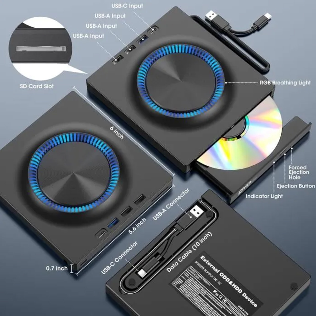 Externes optisches Laufwerk mit RGB-Beleuchtung, USB-Anschlüssen, SD-Kartensteckplatz und integriertem Kabel.