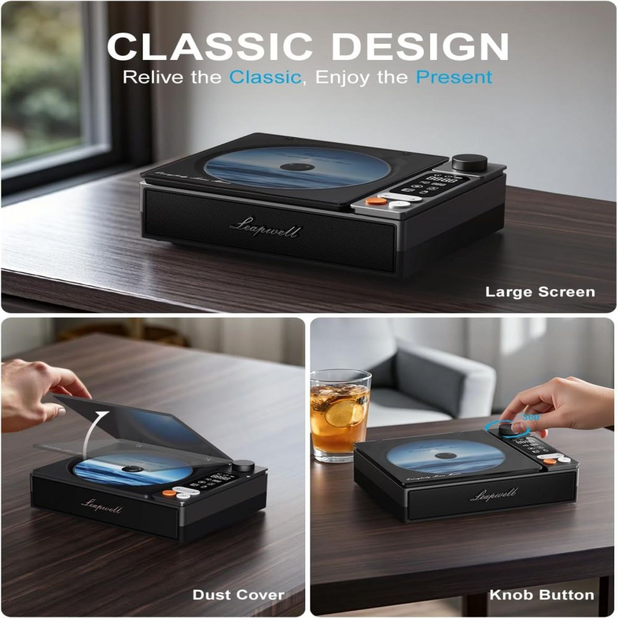 Ein schwarzer CD-Player auf einem Holztisch mit Text und zwei Detailbildern.