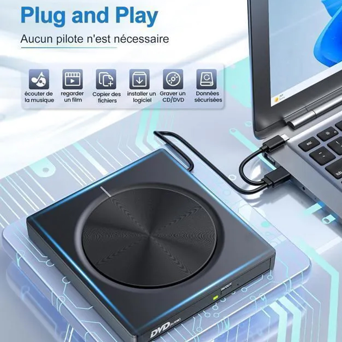 Ein externes schwarzes DVD-Laufwerk per USB an einen Laptop angeschlossen.
