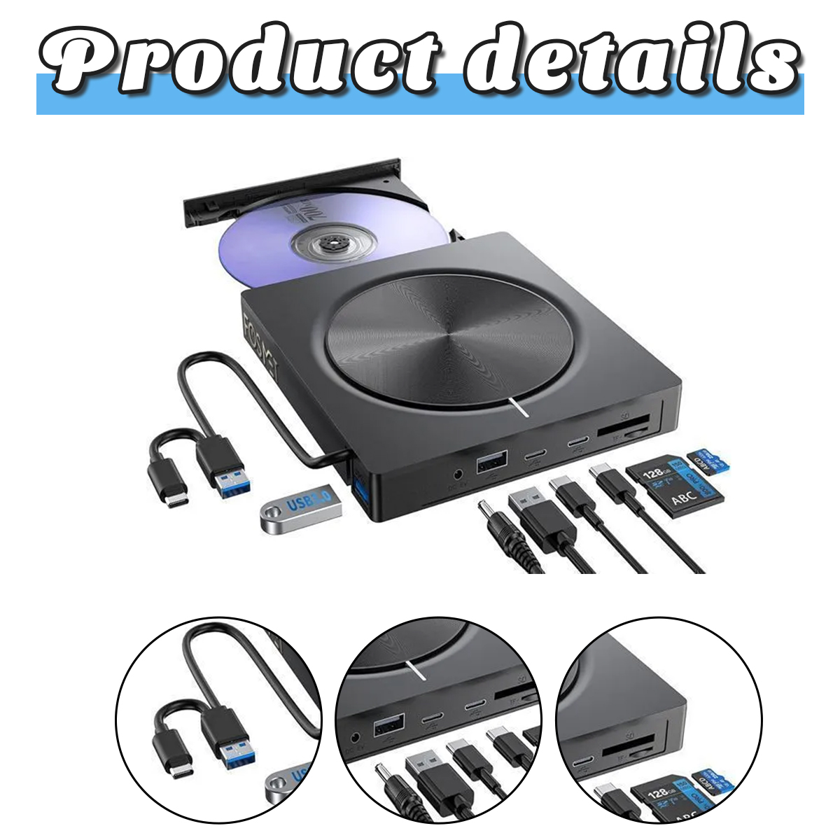 Ein schwarzes externes CD-Laufwerk mit offenem Fach, Kabeln, USB und Speicherkarten.