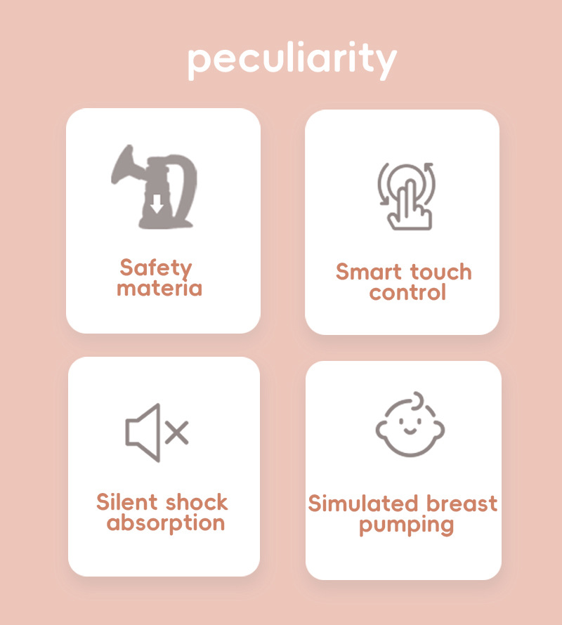 Vier Icons zeigen Milchpumpen-Funktionen: sicheres Material, Smart-Touch, leise Funktion und natürliches Abpumpen.