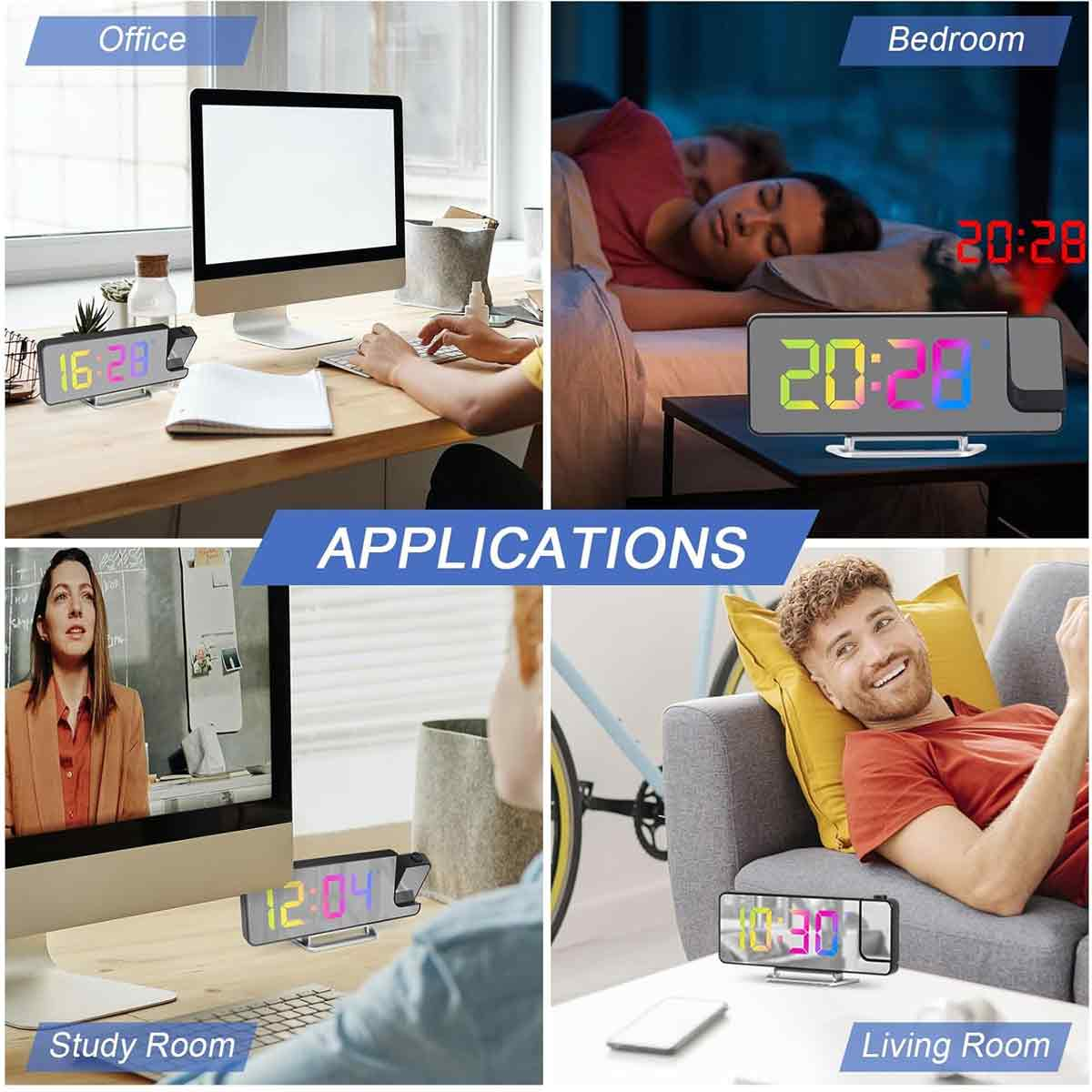 Vier Bilder zeigen die Anwendung einer modernen Digitaluhr in Büro, Schlafzimmer, Arbeitszimmer und Wohnzimmer.