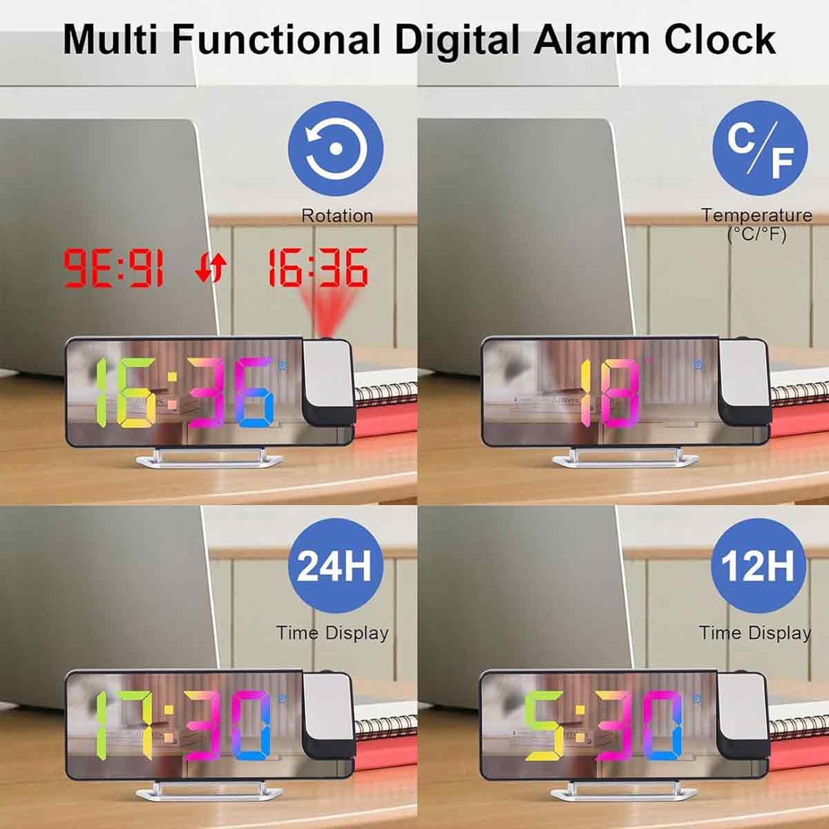Ein multifunktionaler digitaler Wecker mit Projektions-, Temperatur-, 24-Stunden- und 12-Stunden-Anzeigemodus.
