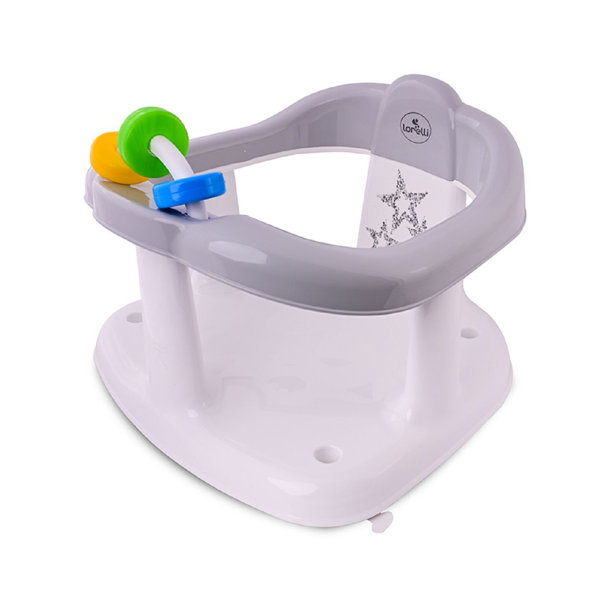 Grau-weißer Baby-Badesitz mit bunten Ring-Spieltischen am Vorderbügel vor weißem Hintergrund.