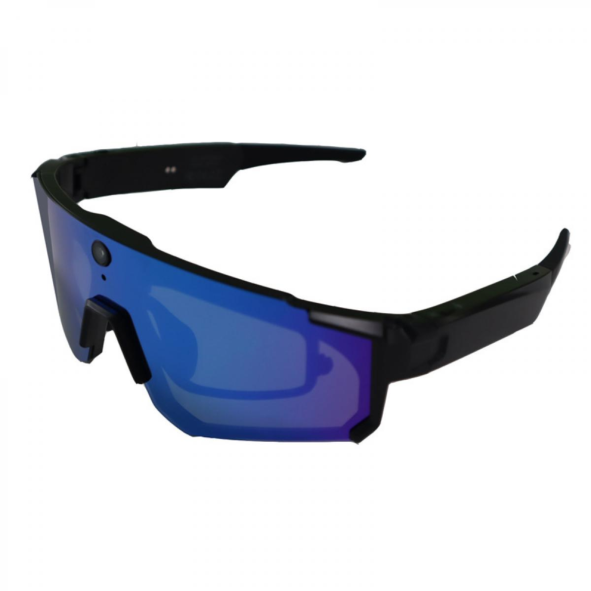 Moderne schwarze Sportsonnenbrille mit spiegelnden blauen Gläsern auf weißem Hintergrund.