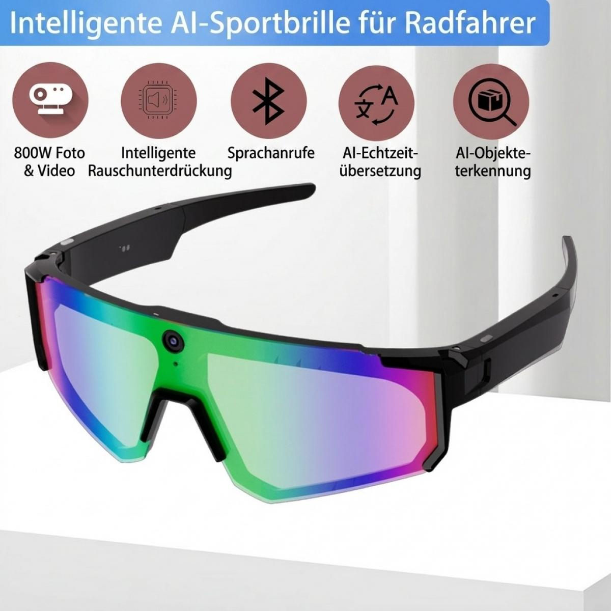 Intelligente AI-Sportbrille mit bunten Gläsern und Funktionssymbolen.
