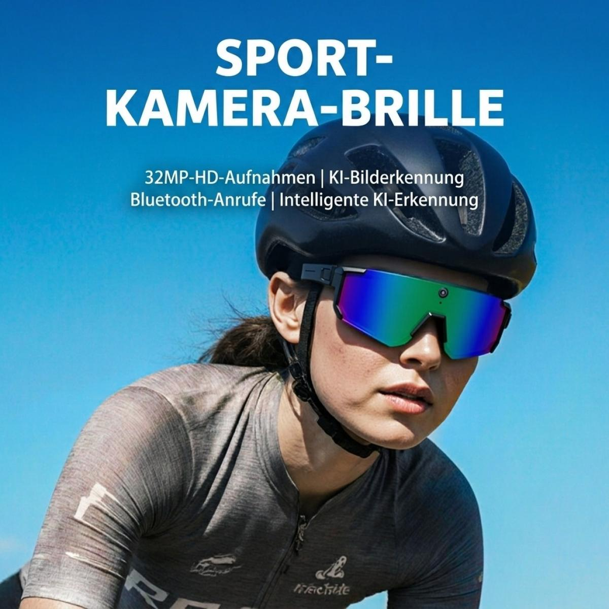 Eine Radfahrerin trägt einen schwarzen Helm und verspiegelte Smart-Brille unter blauem Himmel mit deutschem Werbetext.