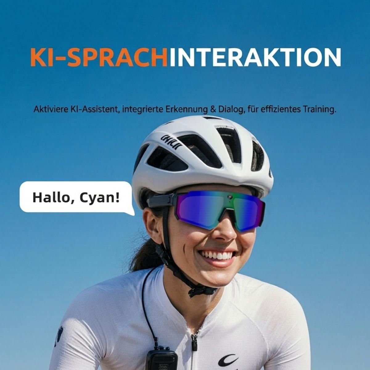 Radfahrerin mit weißem Helm und reflektierenden Brillen lächelt vor blauem Himmel, mit deutschem Text.
