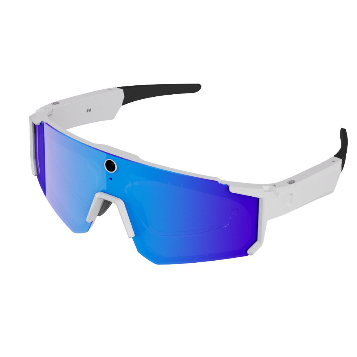 Moderne weiße Sportsonnenbrille mit blauen Spiegelgläsern und integrierter Kamera auf weißem Hintergrund.