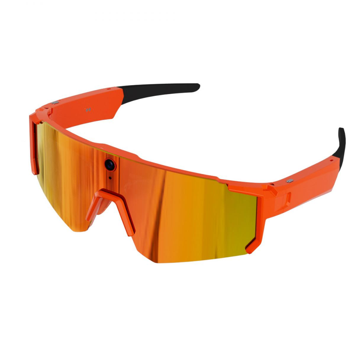 Orangefarbene Sportsonnenbrille mit verspiegelten Gläsern und einer integrierten Kamera auf dem Steg.