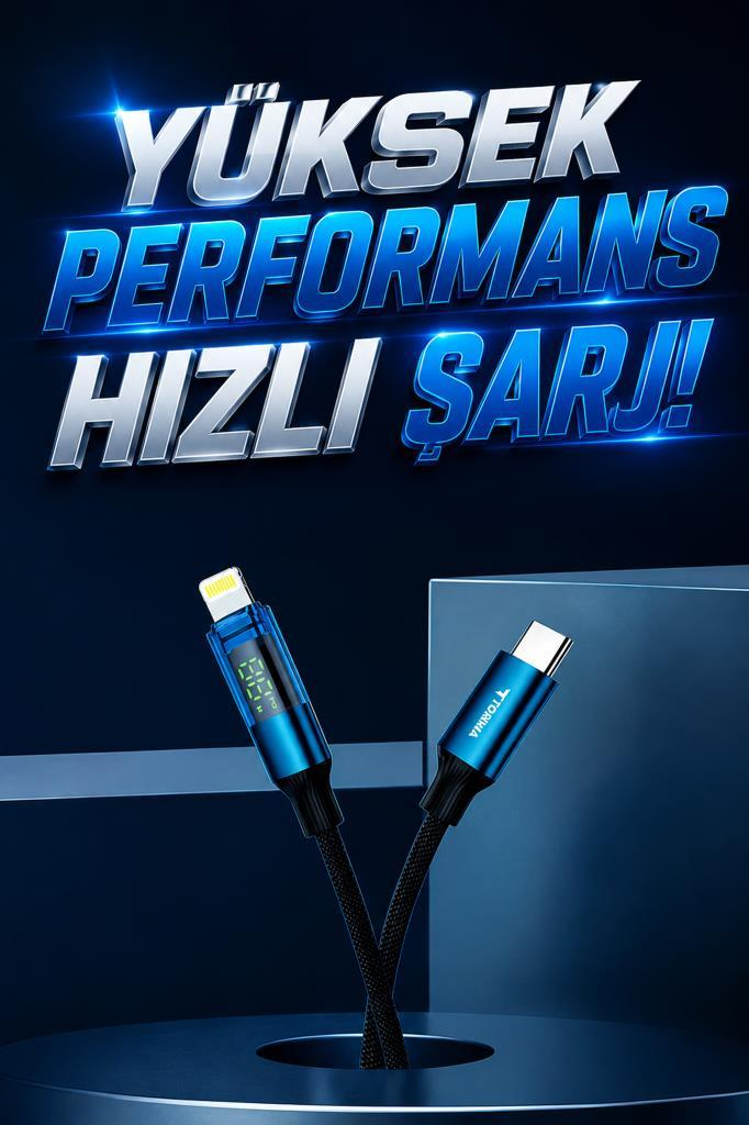 Mavi arkaplanda Türkçe reklam metni ve LED ekranlı mavi USB kabloları.