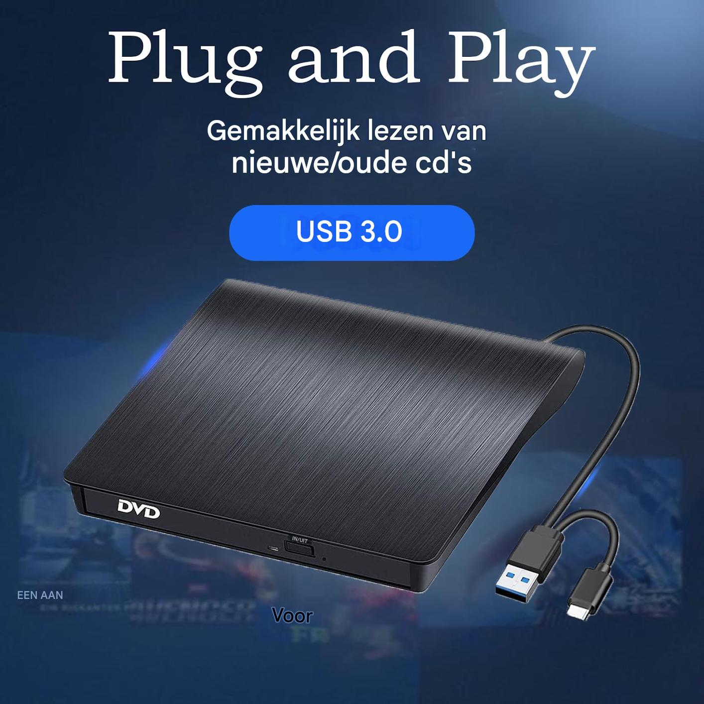 Schwarzes externes DVD-Laufwerk mit USB-Kabel vor blauem Hintergrund und niederländischem Text.