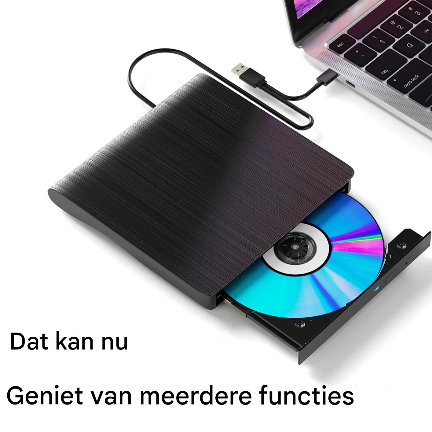 Ein schwarzes externes DVD-Laufwerk mit geöffneter Schublade und eingelegter CD, verbunden mit einem Laptop.