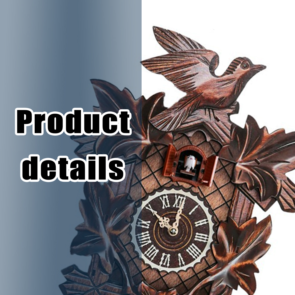 Geschnitzte Holzkuckucksuhr mit Blättern, Vogel und Text Product details.