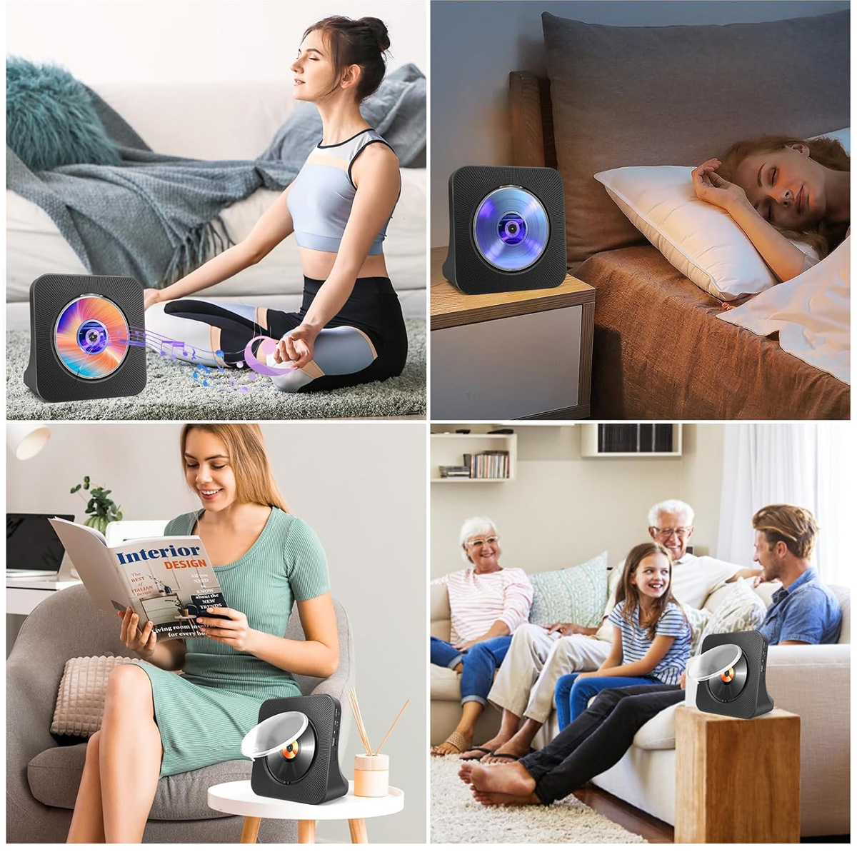 Vier Bilder zeigen Menschen in verschiedenen Räumen mit einem kompakten schwarzen CD-Player.