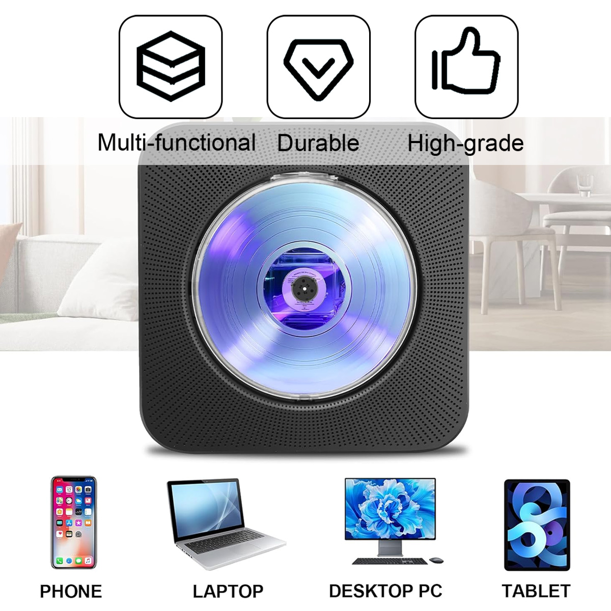 Wand-CD-Player mit Beleuchtung, kompatibel mit Handy, Laptop, PC und Tablet.