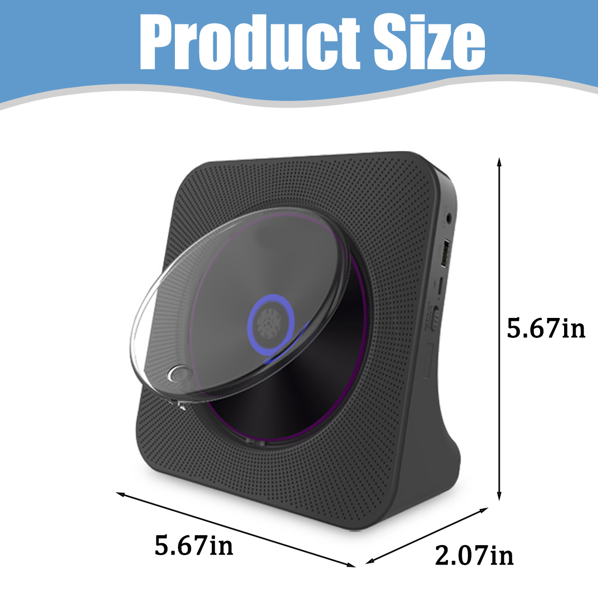 Schwarzes CD-Gerät mit Abmessungen von 5,67 x 5,67 x 2,07 Zoll.
