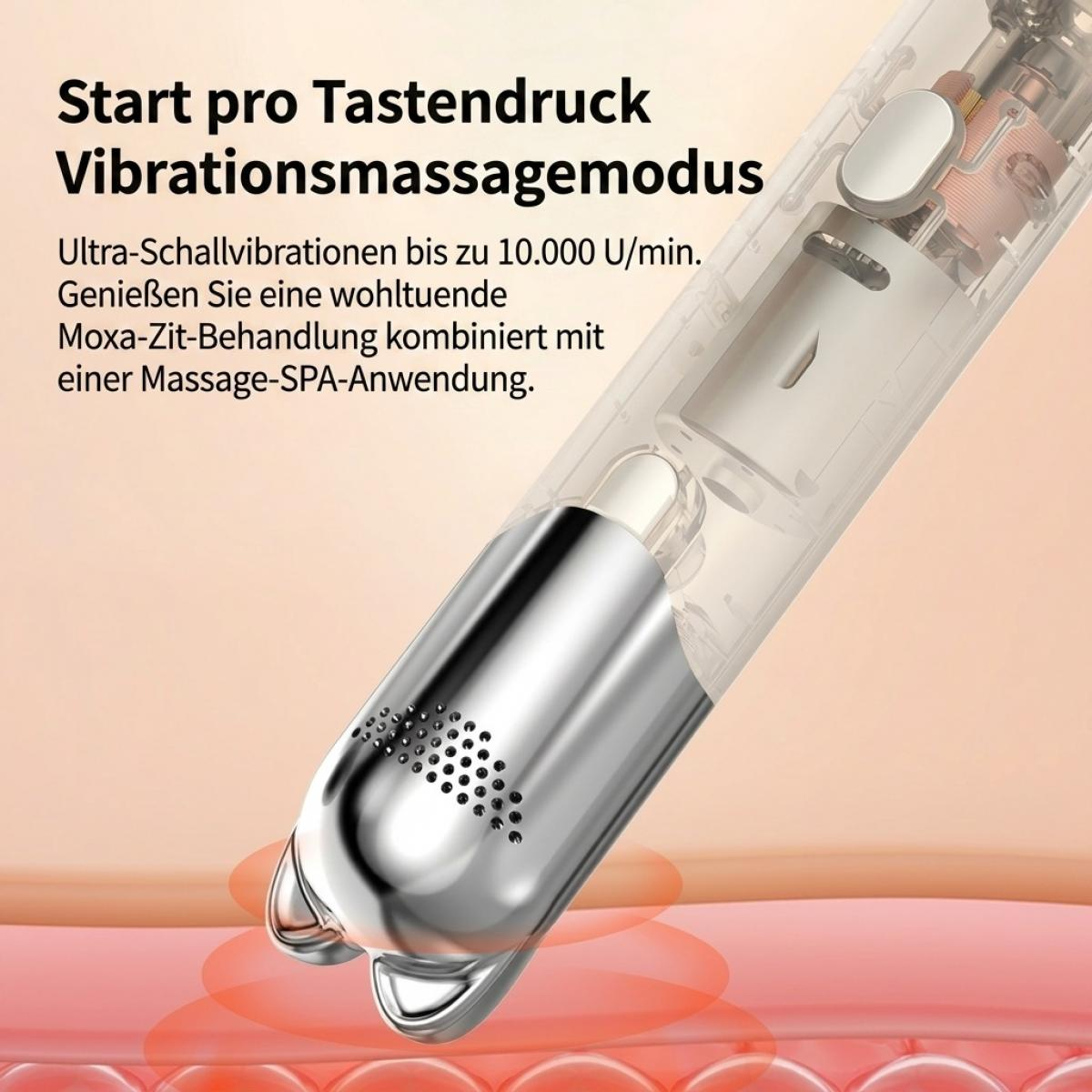 Transparenter Massagegerätkopf mit Metallspitze und German-Text-Overlay.
