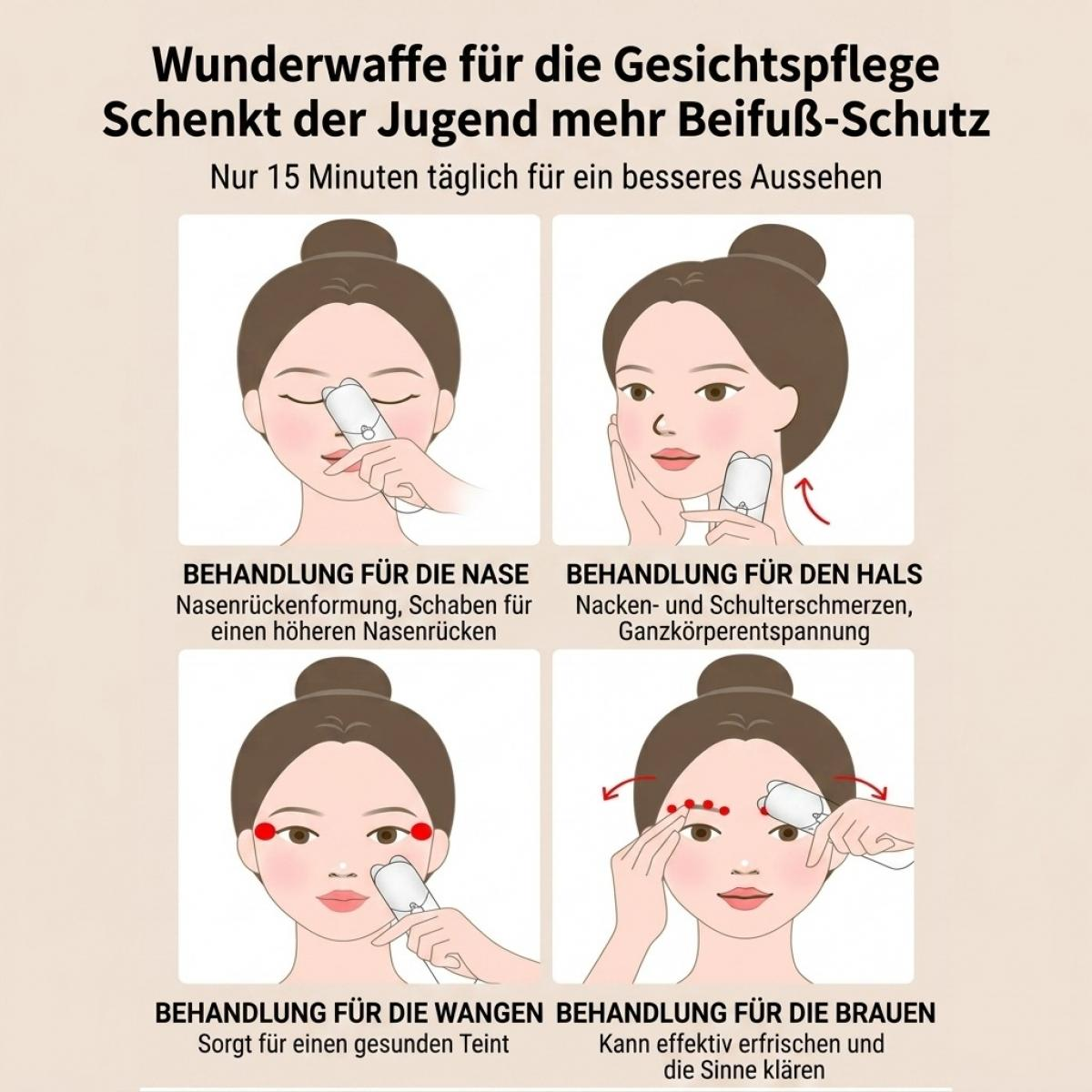 Vier Illustrationen zeigen Gesichtsbehandlungen mit einem Massagegerät für Nase, Hals, Wangen und Brauen.