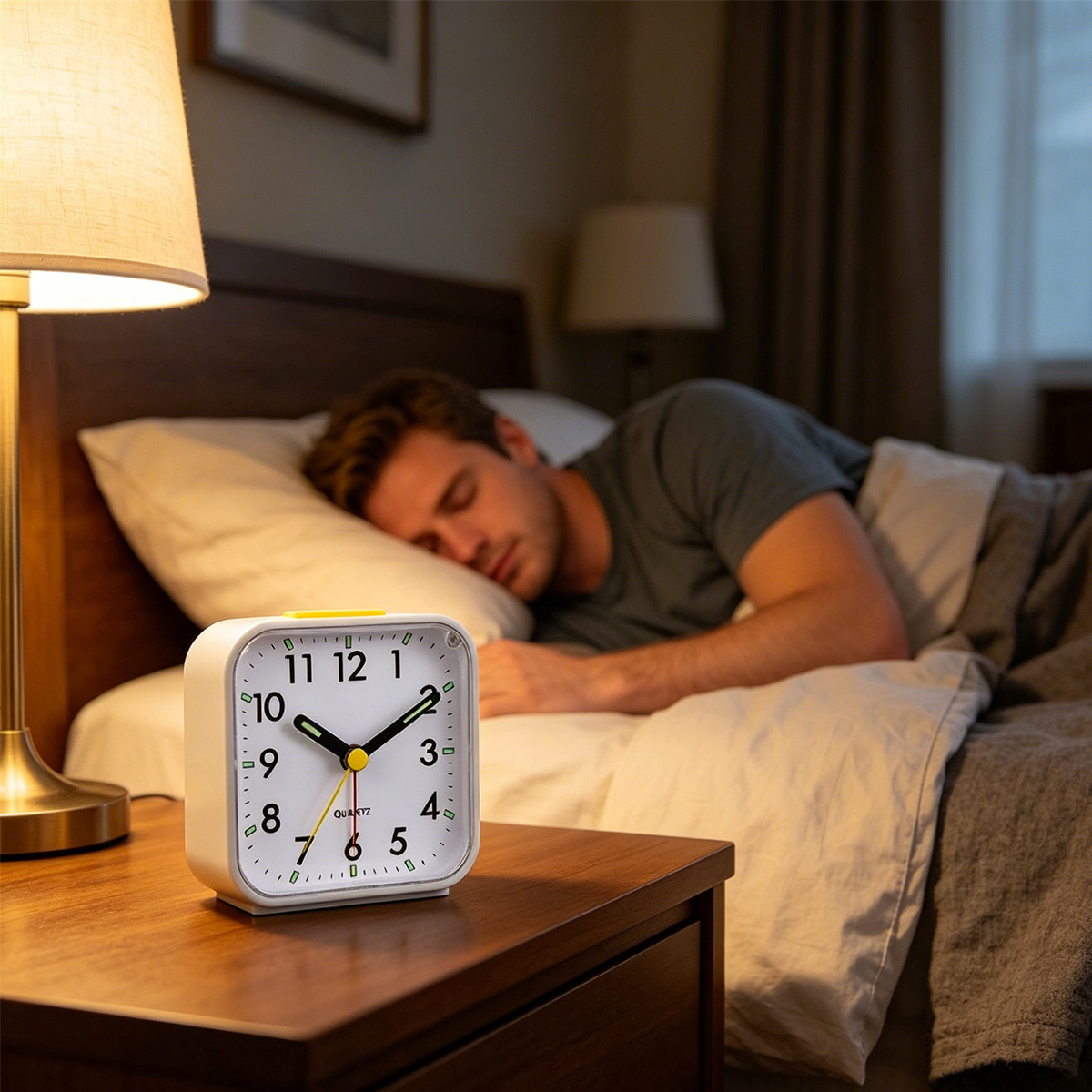 Ein weißer Wecker steht auf dem Nachttisch, während ein Mann im Bett schläft.
