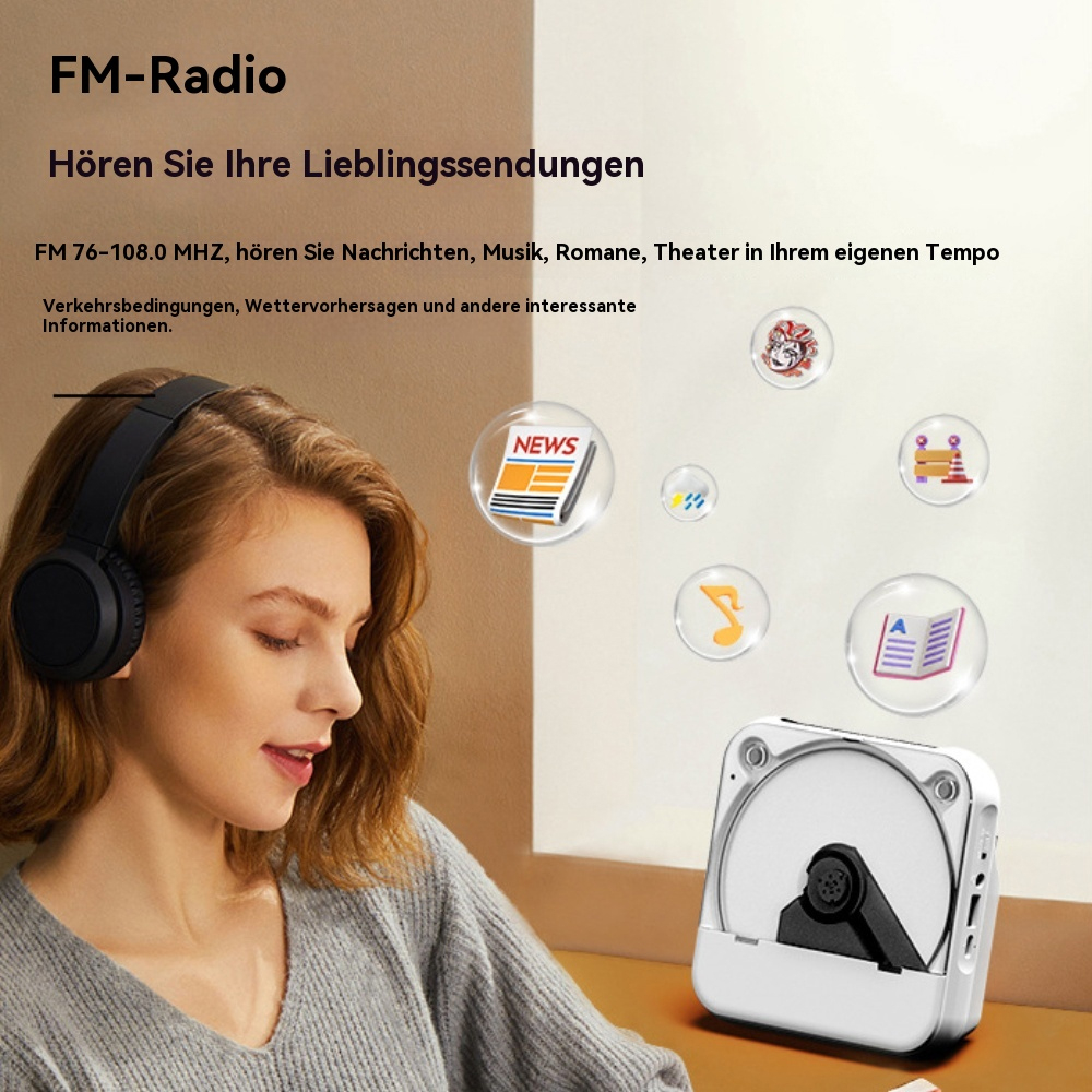 Frau mit Kopfhörern und weißem CD-Player, umgeben von Blasen mit Icons für Radioinhalte vor beigem Hintergrund.
