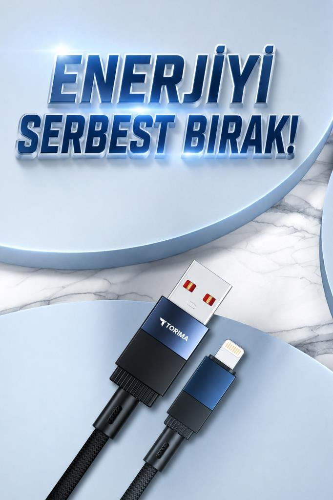 Açık mavi arkaplanda Türkçe reklam yazısı bulunan, biri USB diğeri Lightning uçlu iki örgülü şarj kablosu.