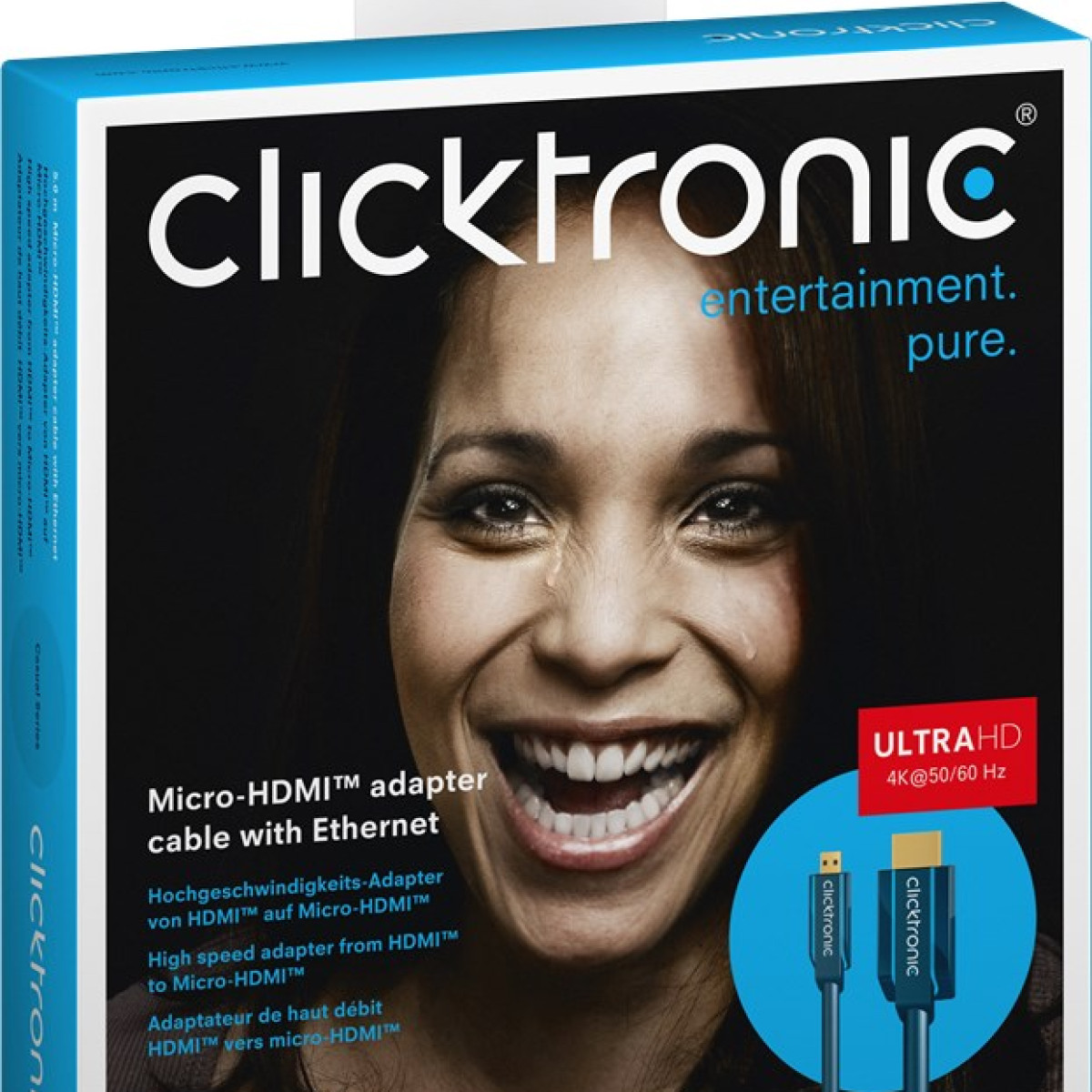 Clicktronic Micro-HDMI-Adapterkabel-Verpackung mit lächelnder Frau und Produktdetails.