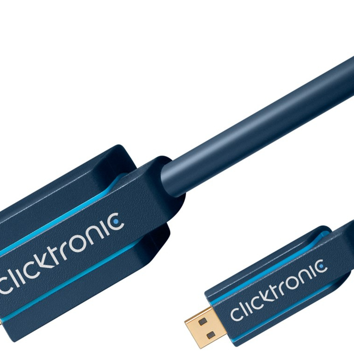 Ein blauer Clicktronic Kabelstecker und das dazugehörige Ende auf weißem Hintergrund.
