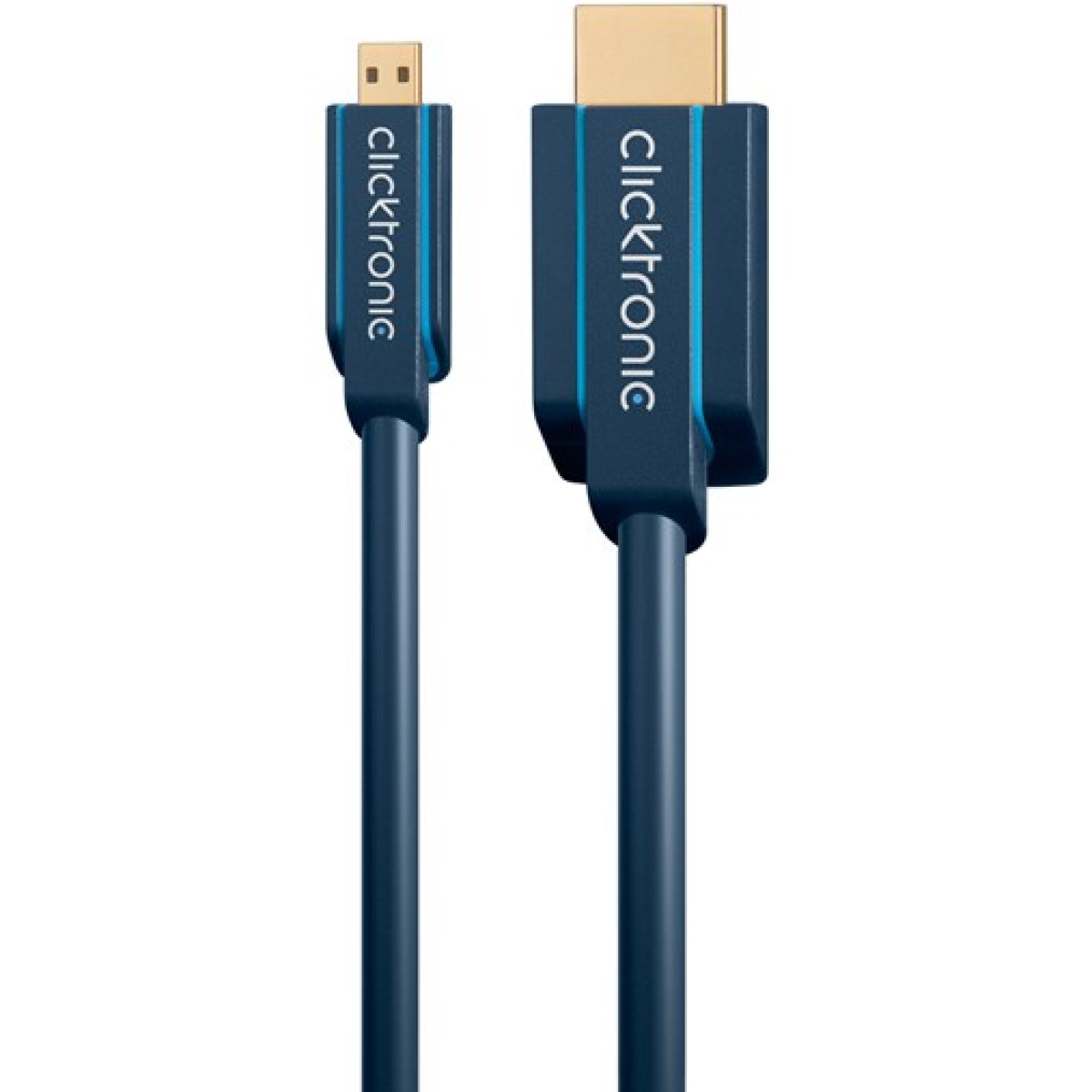 Blaue Clicktronic-Kabel mit goldenen Anschlüssen.