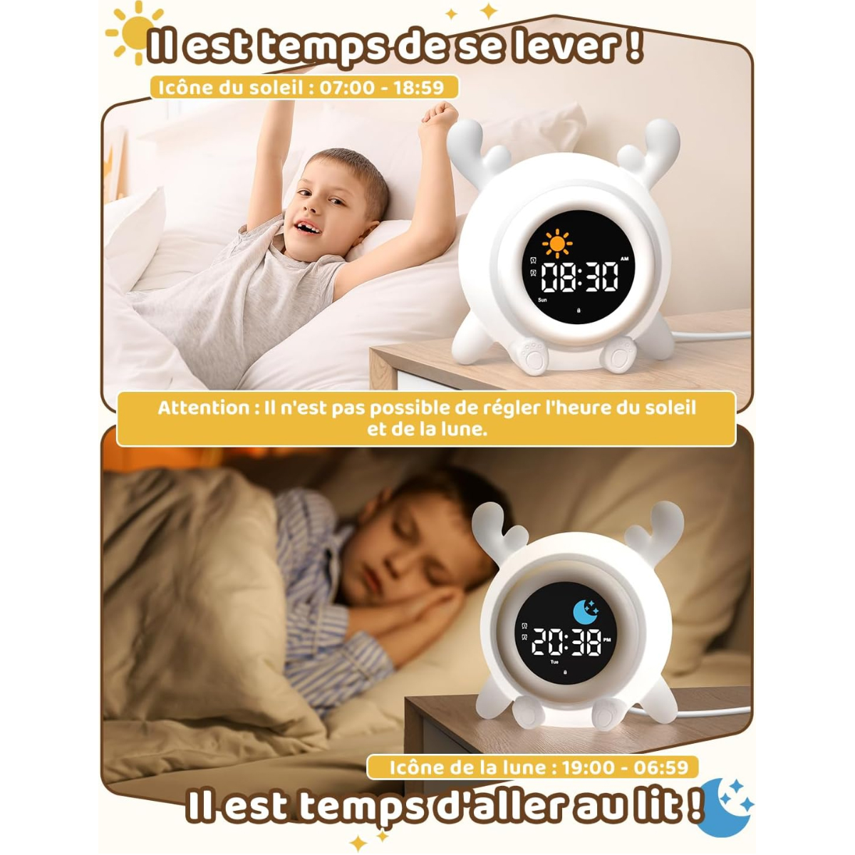 Ein kinderwecker mit Hirschgeweih und LED-Display zeigt morgens Sonne und abends Mond.
