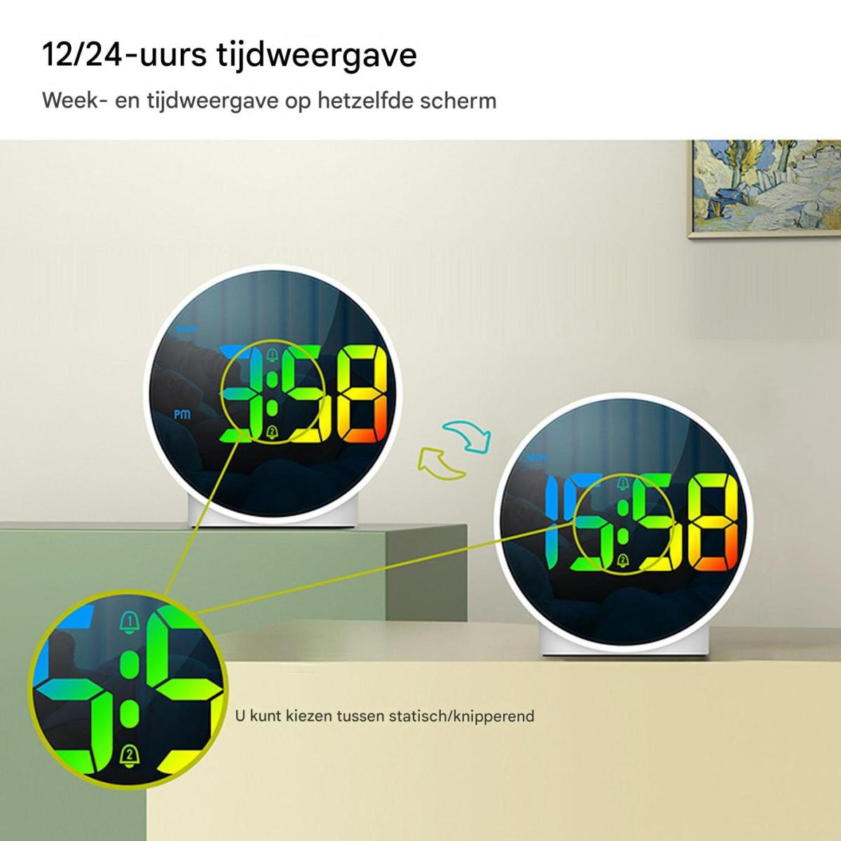 Runde Digitaluhr zeigt Zeit in leuchtenden Farben mit niederländischem Text.