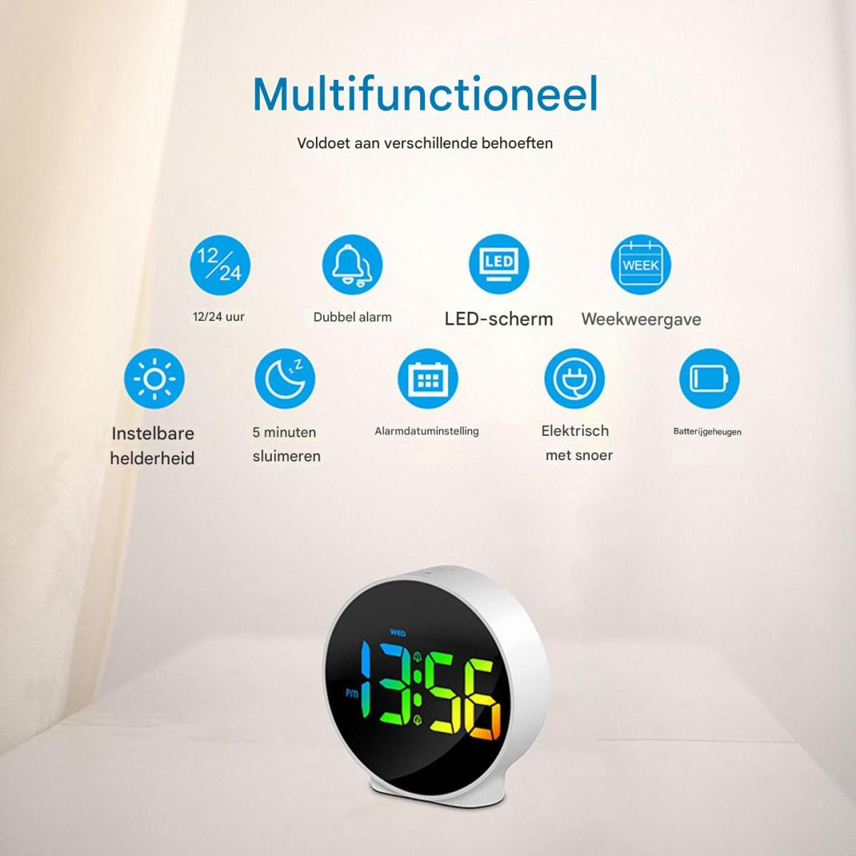 Digitale Multifunktions-Tischuhr mit bunten LEDs und Symbolen für Alarme und Einstellungen.