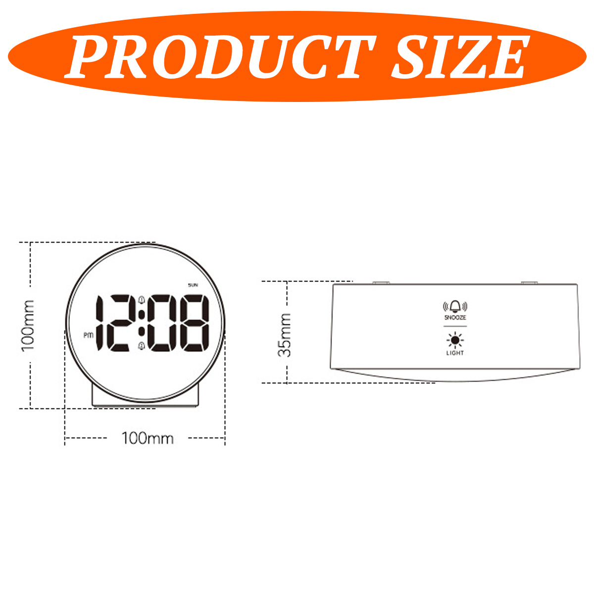 Diagramm zeigt die Abmessungen einer runden Digitaluhr mit 100mm Durchmesser und 35mm Dicke.